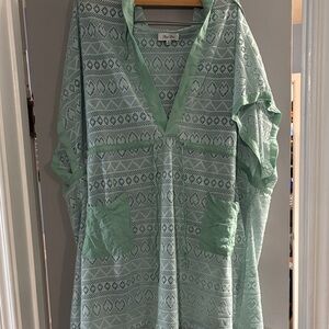 Sheer Mint Crochet Tunic Cover-Up with Front Pockets